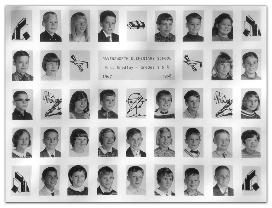 Black and white photograph of Mrs. Bradley’s class at Ravensworth Elementary School taken in 1968. 32 children are pictured.