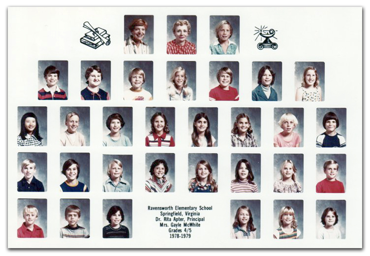 Mrs. McWhite’s combined grades four and five class photograph, taken during the 1978 to 1979 school year. Two adults and 30 children are pictured.