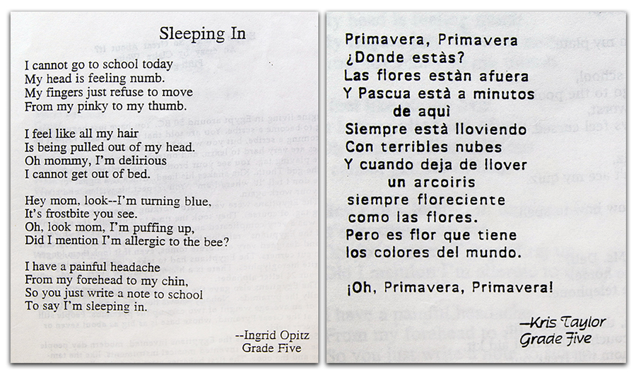 Photographs of two student-written poems that appeared in a student-created literary magazine. One poem was written in English and the other in Spanish.