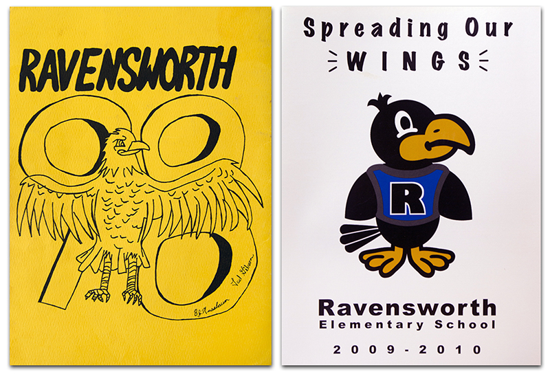 Photographs of the covers of two school yearbooks. Both feature the raven mascot.
